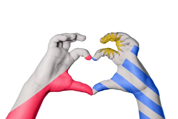 Πολωνία Ουρουγουάη Καρδιά Χέρι Χειρονομία Κάνοντας Καρδιά Ψαλίδισμα Διαδρομή — Φωτογραφία Αρχείου