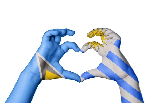 Saint Lucia Uruguay Heart Hand Gesture Making Heart Clipping Path — Stock Photo, Image
