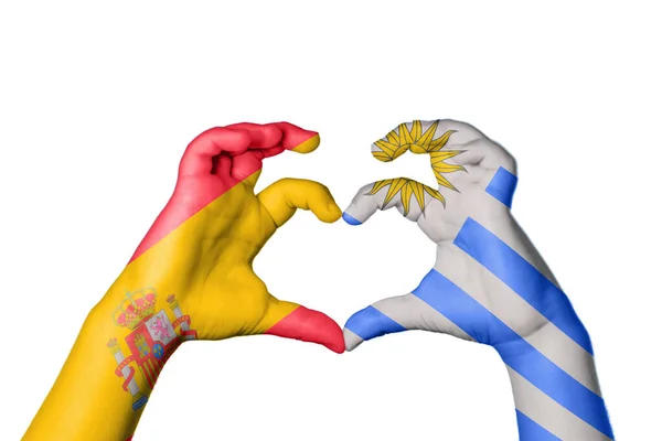 Spain Uruguay Heart Hand Gesture Making Heart Clipping Path — Stock Photo, Image