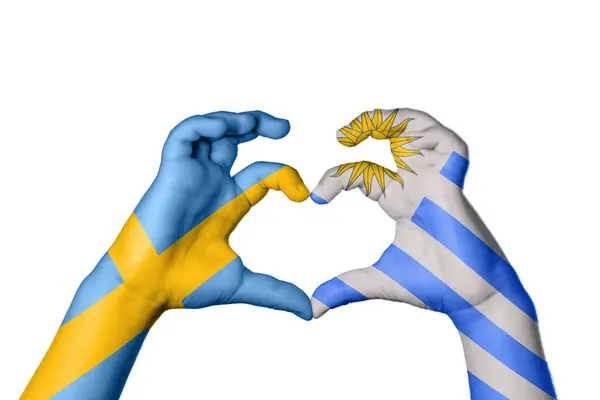 Швеція Уругвай Серце Жест Рук Робить Серце Відсічний Контур — стокове фото