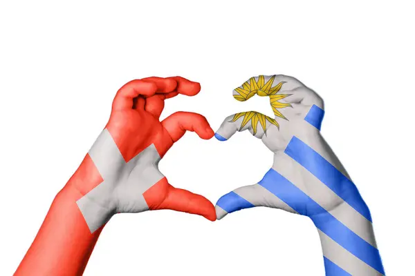 Switzerland Uruguay Heart Hand Gesture Making Heart Clipping Path — Stock Photo, Image