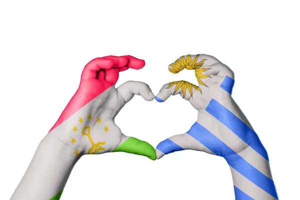 Tajikistan Uruguay Heart Hand Gesture Making Heart Clipping Path — Stock Photo, Image