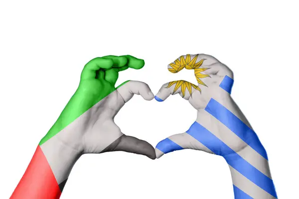 Ηνωμένα Αραβικά Εμιράτα Ουρουγουάη Καρδιά Χέρι Χειρονομία Κάνοντας Καρδιά Ψαλιδίζοντας — Φωτογραφία Αρχείου
