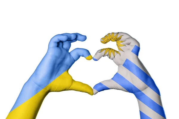 Ukraine Uruguay Heart Hand Gesture Making Heart Clipping Path — Stock Photo, Image