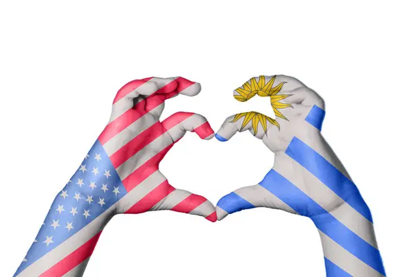 United States Uruguay Heart Hand Gesture Making Heart Clipping Path — Stock Photo, Image