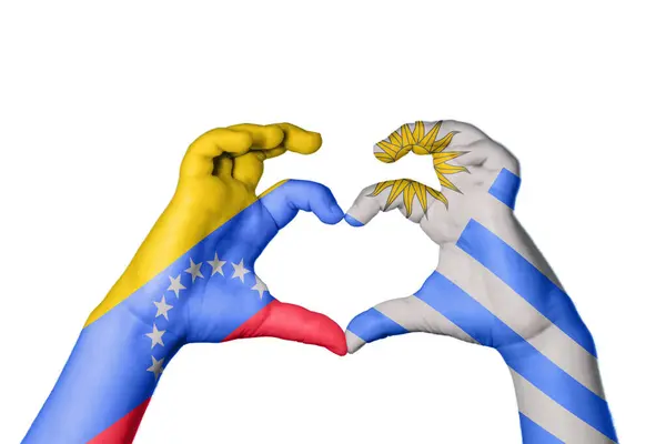 Βενεζουέλα Ουρουγουάη Καρδιά Χειρονομία Χέρι Κάνει Καρδιά Ψαλιδίζοντας Διαδρομή — Φωτογραφία Αρχείου