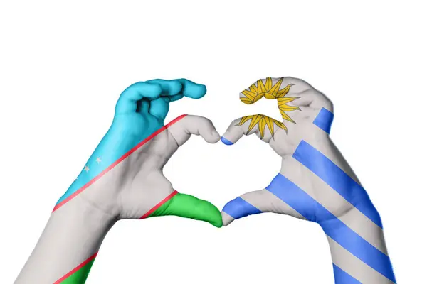 Uzbekistan Uruguay Heart Hand Gesture Making Heart Clipping Path — Stock Photo, Image