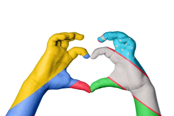 Colombia Uzbekistan Heart Hand Gesture Making Heart Clipping Path — Stock Photo, Image