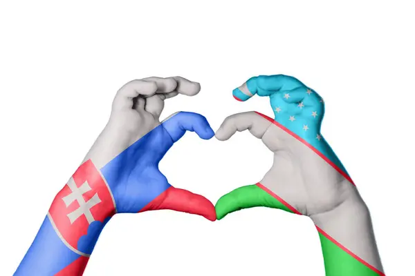 Slovakia Uzbekistan Heart Hand Gesture Making Heart Clipping Path — Stock Photo, Image