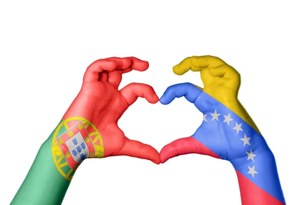 Portugália Venezuela Szív Kéz Gesztus Készítő Szív Vágási Útvonal — Stock Fotó