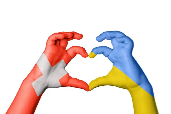 Ελβετία Ουκρανία Καρδιά Χέρι Χειρονομία Κάνοντας Καρδιά Ψαλίδισμα Διαδρομή Εικόνα Αρχείου