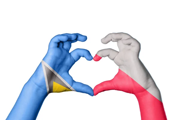 Saint Lucia Poland Heart Hand Gesture Making Heart Clipping Path — Stock Photo, Image