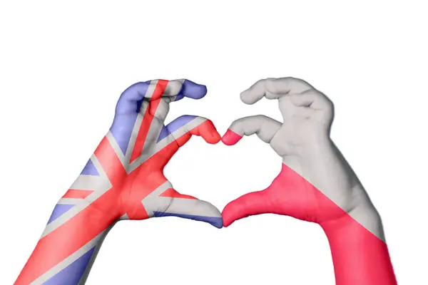 Ηνωμένο Βασίλειο Πολωνία Καρδιά Χέρι Χειρονομία Κάνοντας Καρδιά Ψαλίδισμα Διαδρομή — Φωτογραφία Αρχείου