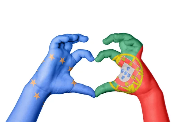 Union Européenne Portugal Cœur Geste Main Faisant Cœur Sentier Coupure — Photo