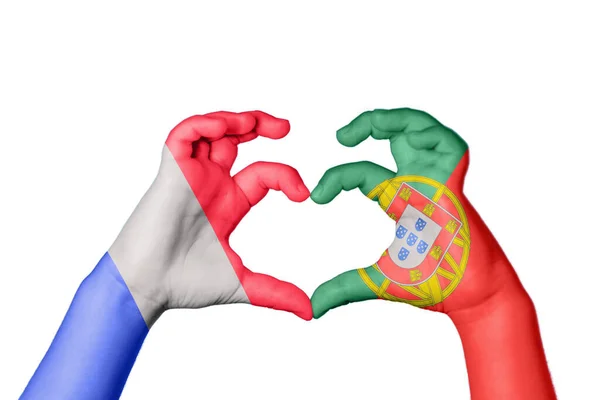 Franța Portugalia Inimă Gest Mână Făcând Inimă Calea Tăiere — Fotografie, imagine de stoc