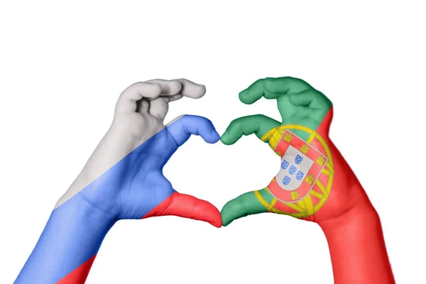 Rusia Portugal Corazón Gesto Mano Que Hace Corazón Recorte Camino — Foto de Stock
