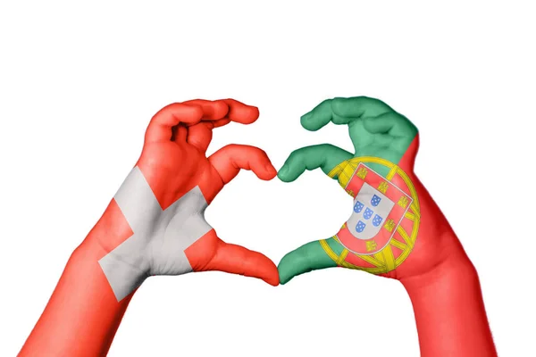 Ελβετία Πορτογαλία Καρδιά Χέρι Χειρονομία Καθιστώντας Την Καρδιά Ψαλιδίζοντας Διαδρομή — Φωτογραφία Αρχείου