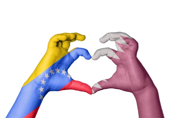 Venezuela Qatar Coeur Geste Main Faisant Coeur Sentier Coupure — Photo