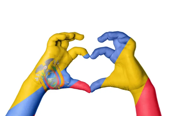 Ecuador Romania Heart Hand Gesture Making Heart Clipping Path — Stock Photo, Image
