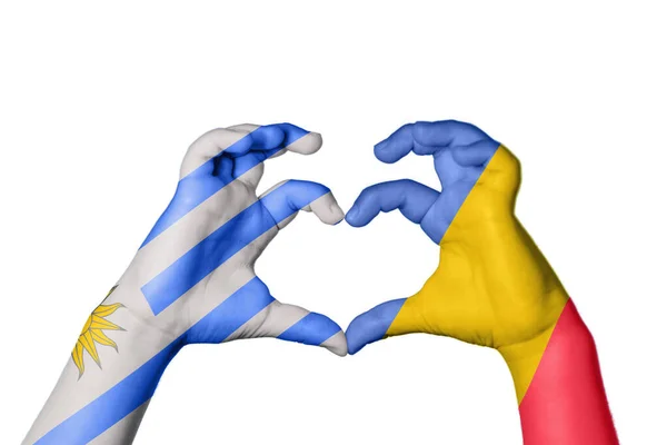 Uruguay Románia Szív Kézmozdulatok Készítése Szív Vágási Útvonal — Stock Fotó