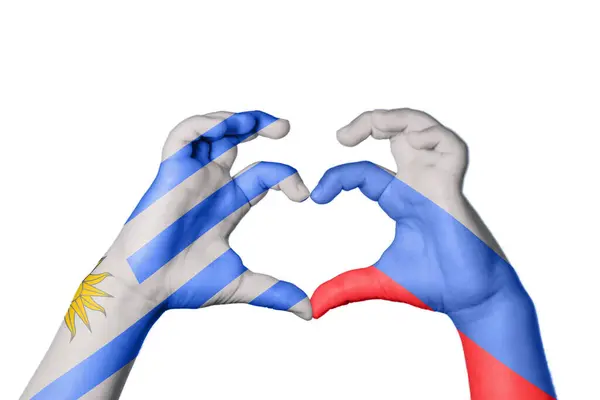 Uruguay Russia Heart Hand Gesture Making Heart Clipping Path — Stock Photo, Image