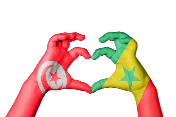 Tunisia Senegal Heart Hand Gesture Making Heart Clipping Path — Stock Photo, Image