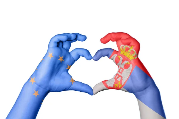 European Union Serbia Heart Hand Gesture Making Heart Clipping Path — Stock Photo, Image