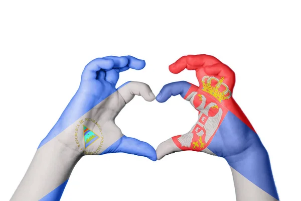 Nicaragua Serbia Heart Hand Gesture Making Heart Clipping Path — Stock Photo, Image