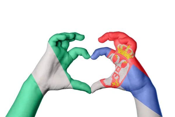 Nigeria Serbia Heart Hand Gesture Making Heart Clipping Path — Stock Photo, Image