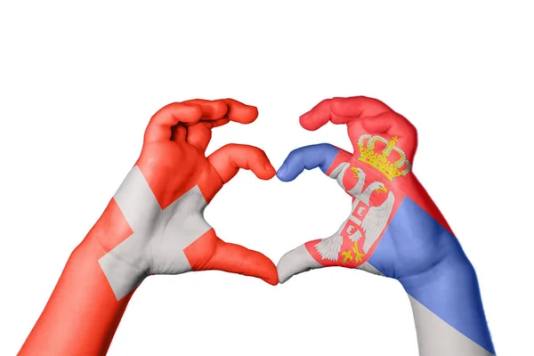 Schweiz Serbien Hjärta Hand Gest Att Göra Hjärta Klippbana — Stockfoto