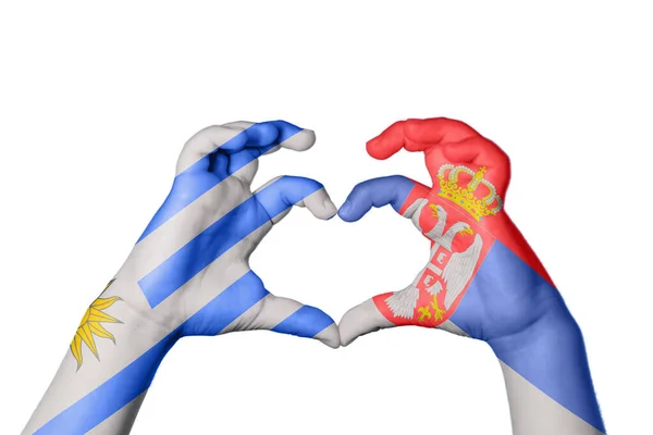 Uruguay Serbien Hjärta Hand Gest Att Göra Hjärta Klippning Vägen — Stockfoto