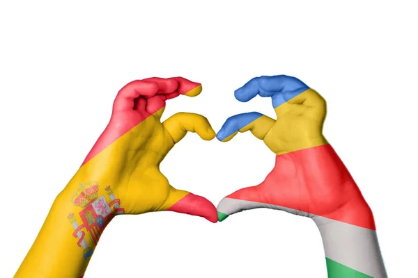 Spain Seychelles Heart Hand Gesture Making Heart Clipping Path — Stock Photo, Image