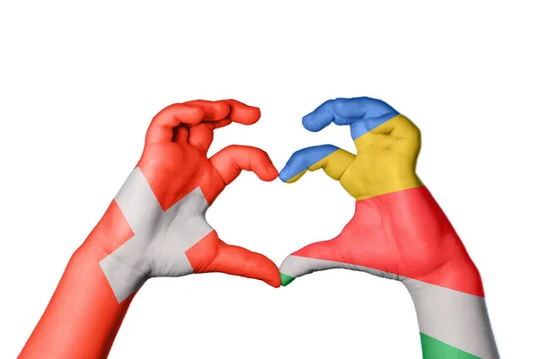 Switzerland Seychelles Heart Hand Gesture Making Heart Clipping Path — Stock Photo, Image