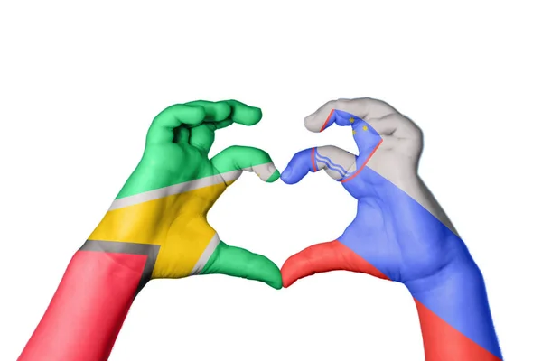 Guyana Slovenien Hjärta Hand Gest Att Göra Hjärta Klippning Vägen — Stockfoto