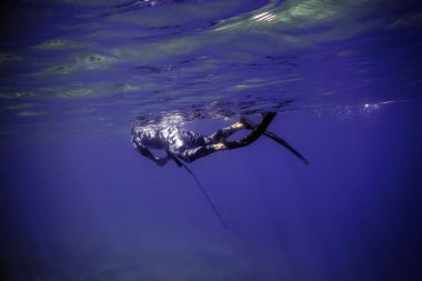 Mızraklı balıkçı denizin yüzeyinde yüzüyor, zıpkınla balık avlıyor