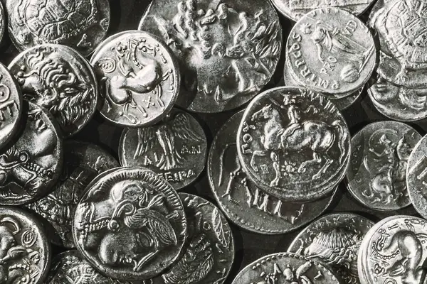 stock image  Pile of Ancient Silver Coins, Coins Background