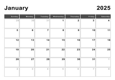 Ocak 2025 takvimi, hafta başı Pazar, modern tasarım