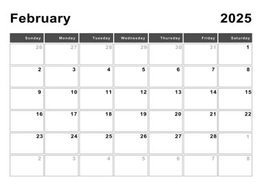 Şubat 2025 takvimi, hafta başı Pazar, modern tasarım