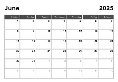 Haziran 2025 takvimi, hafta başı Pazar, modern tasarım