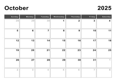 Ekim 2025 takvimi, hafta başı Pazar, modern tasarım