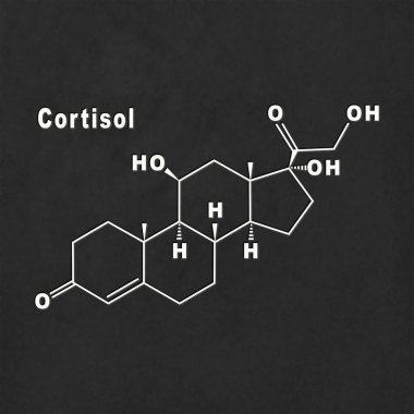 Cortisol Hormone Structural chemical formula white on black background clipart