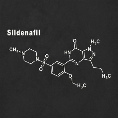 Sildenafil ereksiyon bozukluğu uyuşturucu molekülü yapısal kimyasal formül siyah zemin üzerinde beyaz