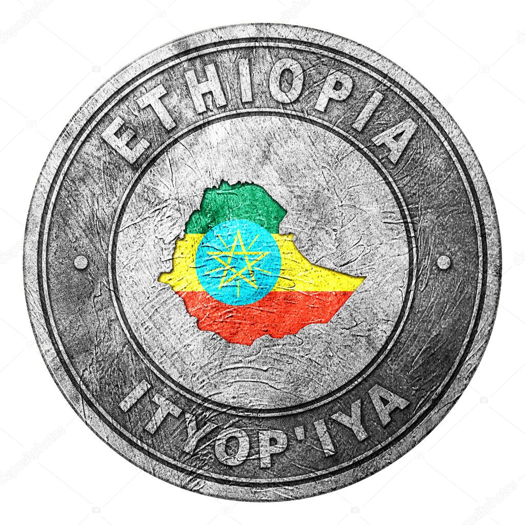 Ethiopia Flag Button with Map, Coin Style