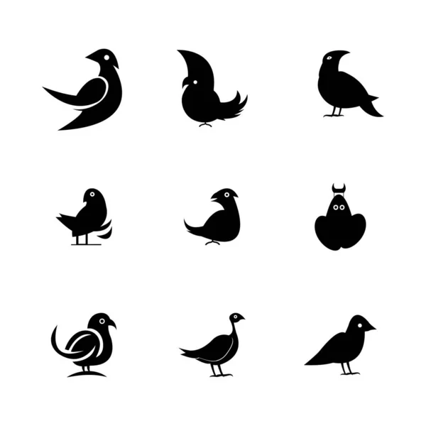 Aves Logotipo Conjunto Ícones Vetoriais Preto Branco — Vetor de Stock