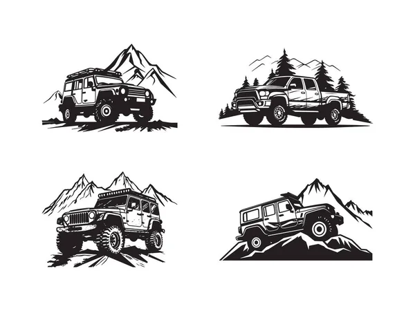 Extreme Geländewagen Wald Der Berge Logo Symbole Gesetzt — Stockvektor