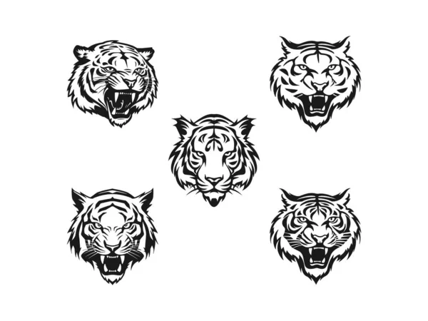 Tiger Set Logotyp Vektor Ikon Silhuett Tiger Huvud Isolerad Vit — Stock vektor