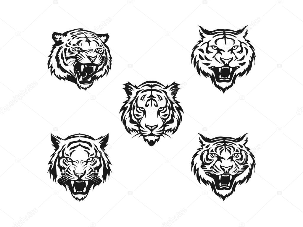 Tiger set logo vector icon Silhouette of a tiger head isolated on white background