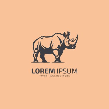 Logo için vektör gergedan yan görünümü, cilt zeminine izole edilmiş klasik tasarım. Ayakta duran bir siluetin vektör çizimi..
