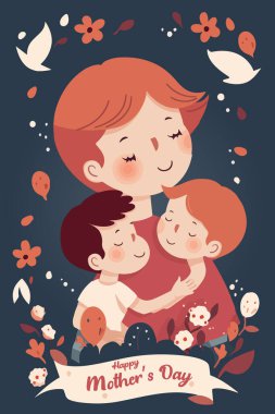 Çiçekli anneler günü illüstrasyonu, Anneler Günü kartında anne ve çocukların vektör şablonu.