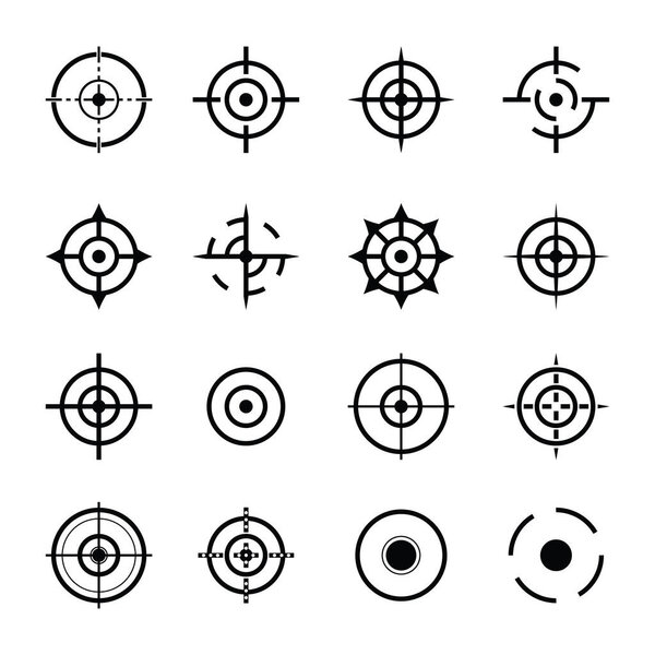 Target or Aim icons set of 16 icons in black and white color